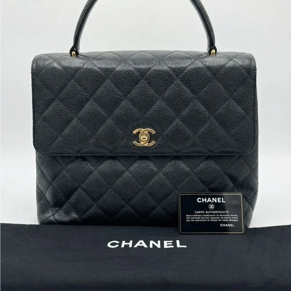Chanel Black Caviar Quilted Leather Coco Mark CC Top Handle Flap Tote